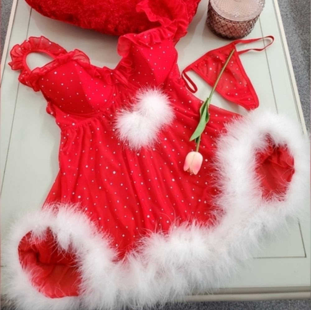 Frederick's Red Babydoll w/ Marabou Trim G-string